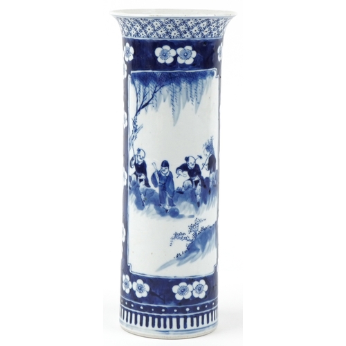 33 - A Chinese blue and white porcelain cylindrical vase, decorated with two panels of farmers, bearing f... 