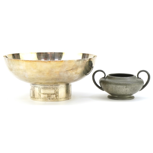 5 - A Liberty & Co planished pewter twin handled sugar bowl numbered 01074 together with an Arts & Craft... 
