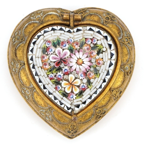 18 - A 19th century micro mosaic and brass patch box with with hinged lid of love heart form, 4.4cm wide.
