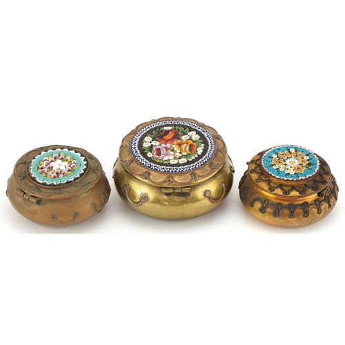 19 - Three Victorian micro mosaic and brass patch boxes with hinged lids, the largest 5.6cm in diameter.