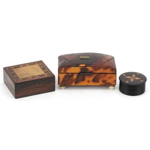14 - Three early 20th century boxes including a Tunbridge Ware stamp box and a tortoiseshell jewel box, t... 