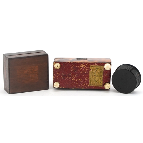 14 - Three early 20th century boxes including a Tunbridge Ware stamp box and a tortoiseshell jewel box, t... 