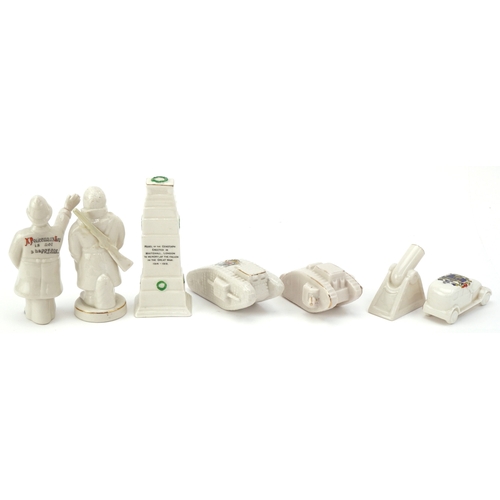 1260 - Seven military interest WWI crested china items comprising two figures, two tanks, a car, cannon and... 