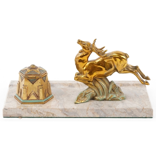 4 - An Art Deco marble desk stand mounted with a brass inkwell and stag, 26cm wide.