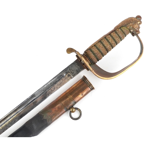1307 - A British military naval interest sword with engraved steel blade by Mower & Co with a bound shagree... 