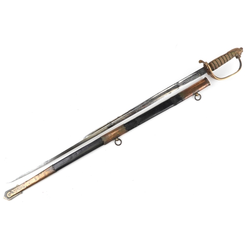 1307 - A British military naval interest sword with engraved steel blade by Mower & Co with a bound shagree... 