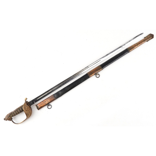 1307 - A British military naval interest sword with engraved steel blade by Mower & Co with a bound shagree... 