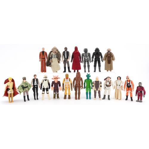 A collection of vintage 1970s and 1980s Star Wars figures including G. M. F. G. I. and L.F.L. figures.