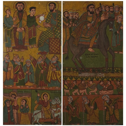Two Ethiopian panels, possibly 18th century, gouache on woven fabric with polychrome decoration, framed and glazed, 75cm x 36cm.