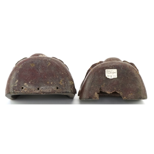 46 - Two Chinese Ching Dynasty Shauxi wooden hand masks, 15cm wide.
