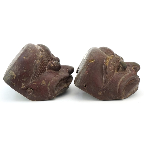 46 - Two Chinese Ching Dynasty Shauxi wooden hand masks, 15cm wide.