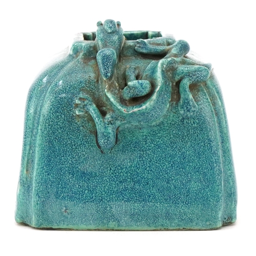 34 - An 18th/early 19th century Chinese robin's egg glaze stoneware brush washer mounted with a dragon, 5... 