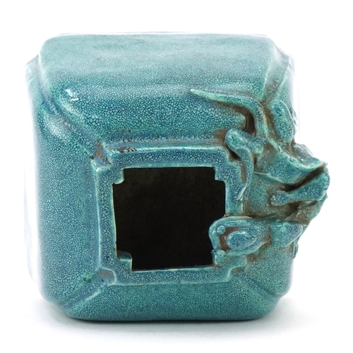 34 - An 18th/early 19th century Chinese robin's egg glaze stoneware brush washer mounted with a dragon, 5... 