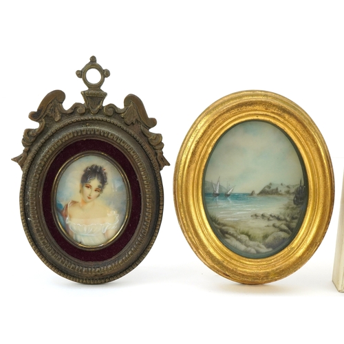 31 - Three miniature paintings comprising a young female head and shoulders portrait, sailing vessels and... 