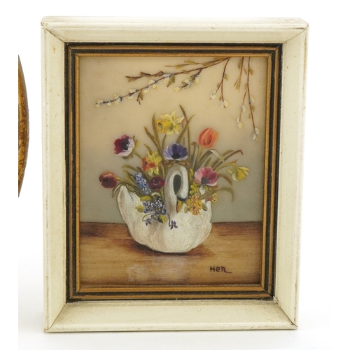 31 - Three miniature paintings comprising a young female head and shoulders portrait, sailing vessels and... 