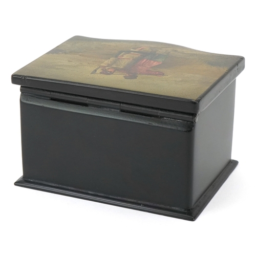 60 - An early 20th century Russian papier mâché and lacquer box, the hinged lid hand painted with a peasa... 