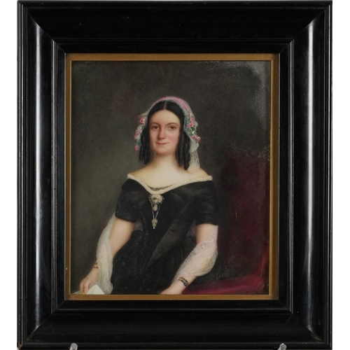 28 - A half length portrait of a young woman, 19th century British school oil on porcelain panel, unsigne... 