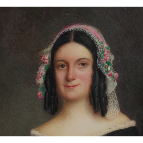28 - A half length portrait of a young woman, 19th century British school oil on porcelain panel, unsigne... 