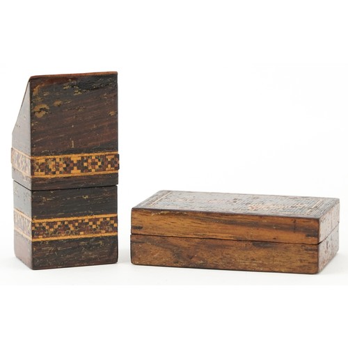 13 - Two early 20th century Tunbridge Ware boxes, one with stag decoration, the largest 6cm high.
