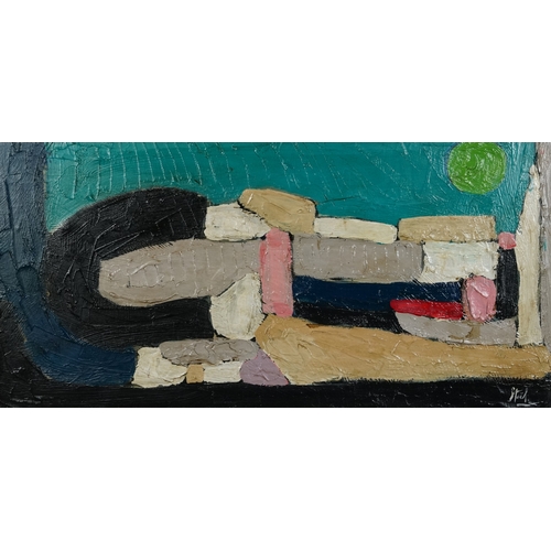 2521 - In the manner of Nicolas de Stael - Abstract composition French school, framed, 77.5cm x 38cm.