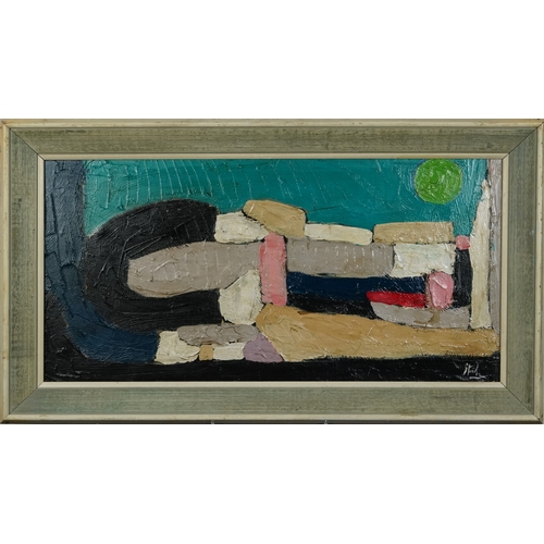 2521 - In the manner of Nicolas de Stael - Abstract composition French school, framed, 77.5cm x 38cm.