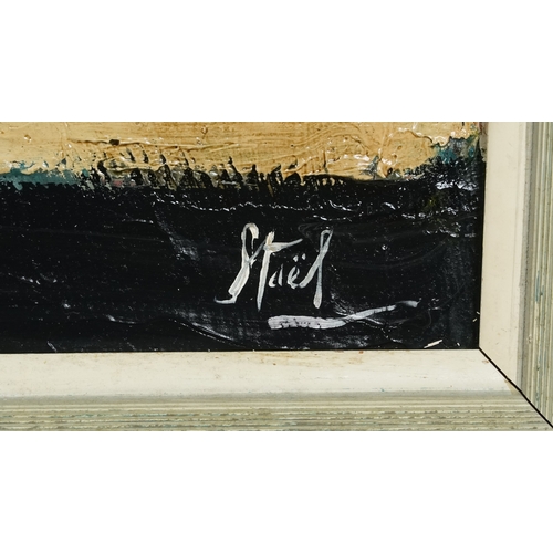 2521 - In the manner of Nicolas de Stael - Abstract composition French school, framed, 77.5cm x 38cm.