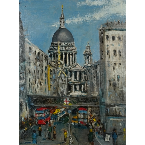 2519 - In the manner of Stephen Bone - Busy London street scene with St. Paul's Cathedral in the background... 