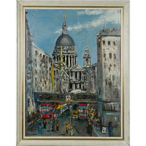 2519 - In the manner of Stephen Bone - Busy London street scene with St. Paul's Cathedral in the background... 
