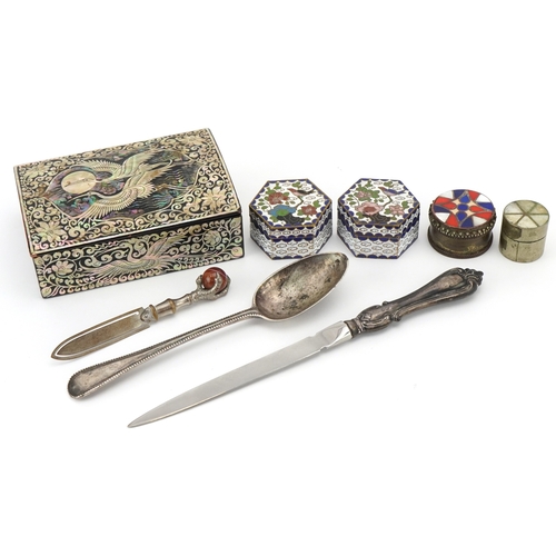 1527 - Antique and later sundry items including a black lacquered box with mother of pearl inlay, silver ha... 