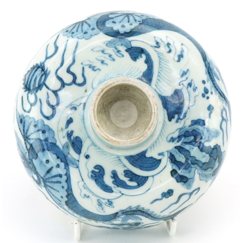 114 - A Chinese blue and white porcelain stem bowl hand painted with dragons, character marks to the inter... 