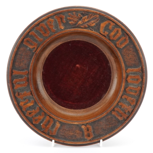 103 - An ecclesiastical mahogany collection bowl inscribed God Loveth a Cheerful Giver, impressed Coxson L... 