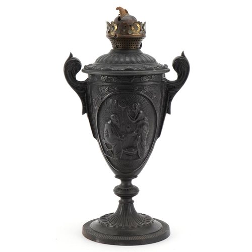 76 - A Grand Tour design cast iron oil lamp base cast with classical figures, foundry mark to the base, 2... 