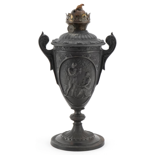 76 - A Grand Tour design cast iron oil lamp base cast with classical figures, foundry mark to the base, 2... 