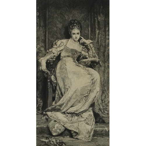 2474 - Anatole Vély - The Meditation, late 19th century engraving, framed and glazed, 28cm x 15cm.