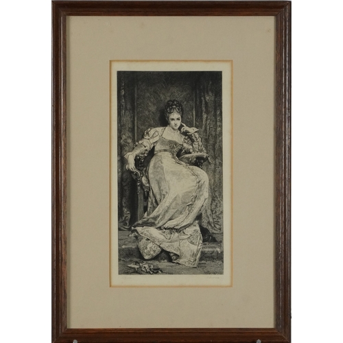 2474 - Anatole Vély - The Meditation, late 19th century engraving, framed and glazed, 28cm x 15cm.