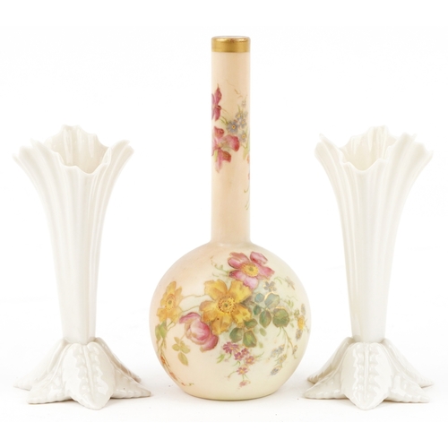 92 - Royal Worcester, collectable porcelain comprising a hand painted floral blush ivory bottleneck vase ... 