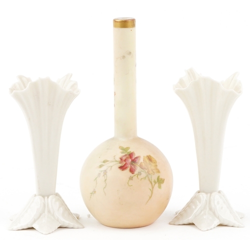 92 - Royal Worcester, collectable porcelain comprising a hand painted floral blush ivory bottleneck vase ... 