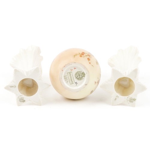 92 - Royal Worcester, collectable porcelain comprising a hand painted floral blush ivory bottleneck vase ... 