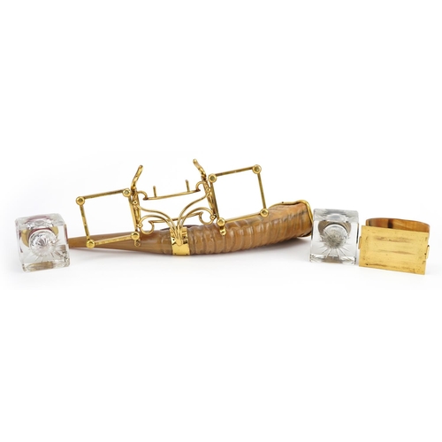 101 - Edwardian gilt brass and horn desk stand with two glass inkwells engraved To the indefatigable and e... 