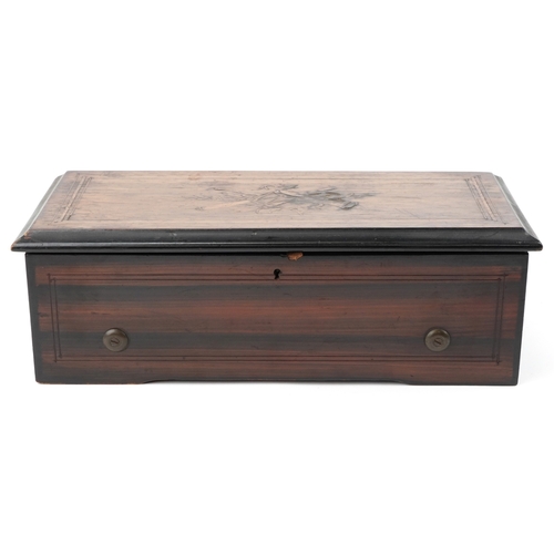 110 - An early 19th century inlaid burr walnut music box playing on six airs, paper label to the interior,... 