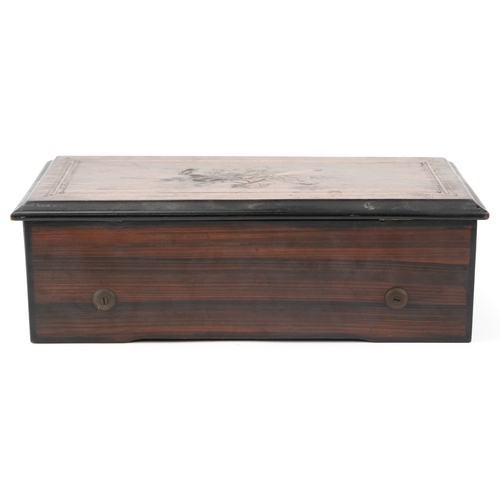 110 - An early 19th century inlaid burr walnut music box playing on six airs, paper label to the interior,... 