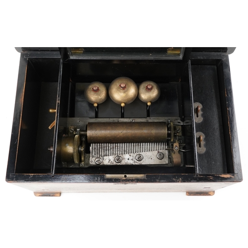 107 - An early 19th century inlaid burr walnut music box with three bells, 22cm H x 41.5cm W x 26cm deep.