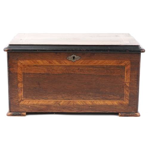 107 - An early 19th century inlaid burr walnut music box with three bells, 22cm H x 41.5cm W x 26cm deep.