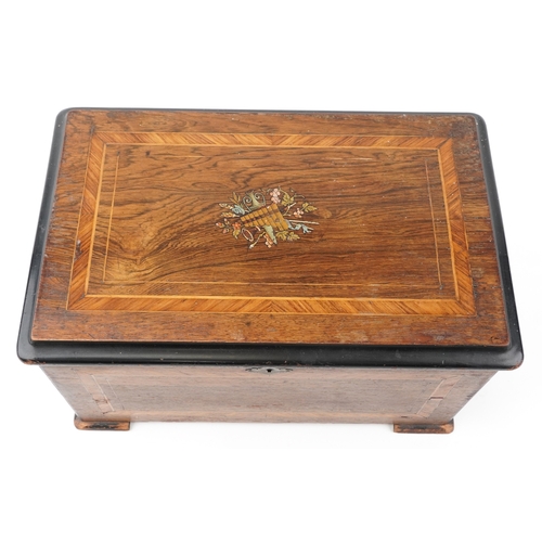 107 - An early 19th century inlaid burr walnut music box with three bells, 22cm H x 41.5cm W x 26cm deep.