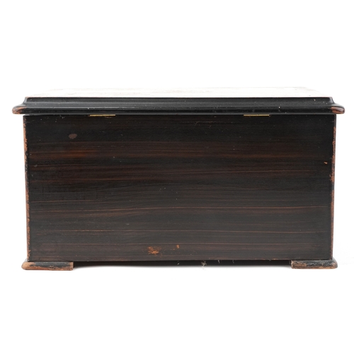 107 - An early 19th century inlaid burr walnut music box with three bells, 22cm H x 41.5cm W x 26cm deep.
