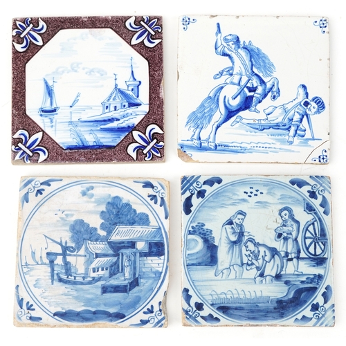 95 - Four 19th century Dutch Delft blue and white tiles, 13cm x 13cm.
