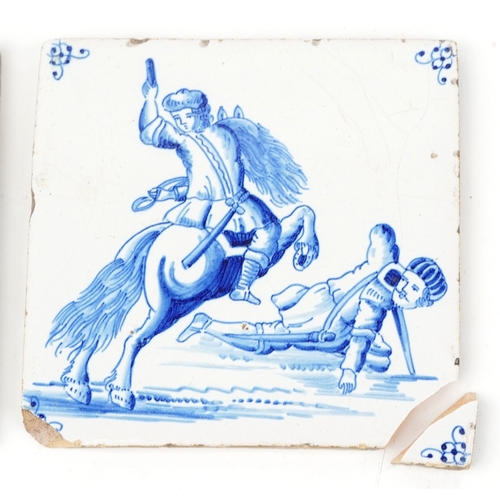 95 - Four 19th century Dutch Delft blue and white tiles, 13cm x 13cm.