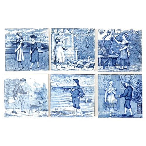 96 - Six 19th century Josiah Wedgwood & Sons Etruria blue and white 'Months of the Year' pottery tiles in... 