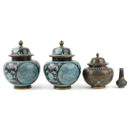 61 - A pair of Chinese cloisonné vases and covers, 20th century, 26cm high, together with a similar small... 