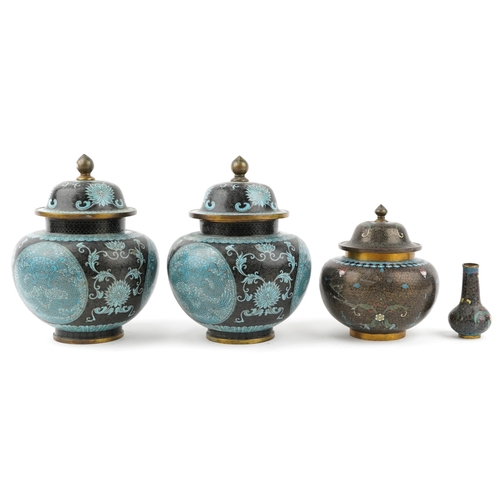 61 - A pair of Chinese cloisonné vases and covers, 20th century, 26cm high, together with a similar small... 